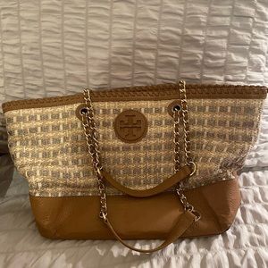Tory Burch Silver Tweed and Leather Tote